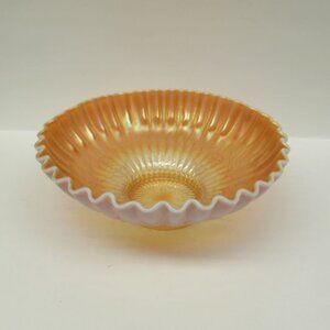Dugan Carnival Glass Peach Opalescent SINGLE FLOWER FRAMED 8 1/2 In Ribbon Bowl